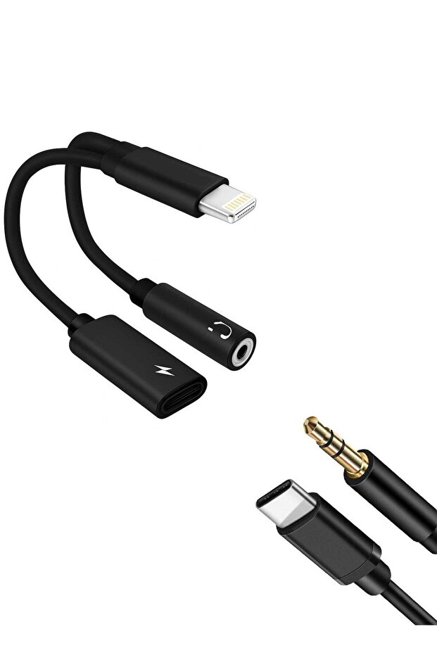 محول شحن 2 في 1 من Lightning إلى 3.5 مم AUX + Type C - مقبس سماعة رأس Spl