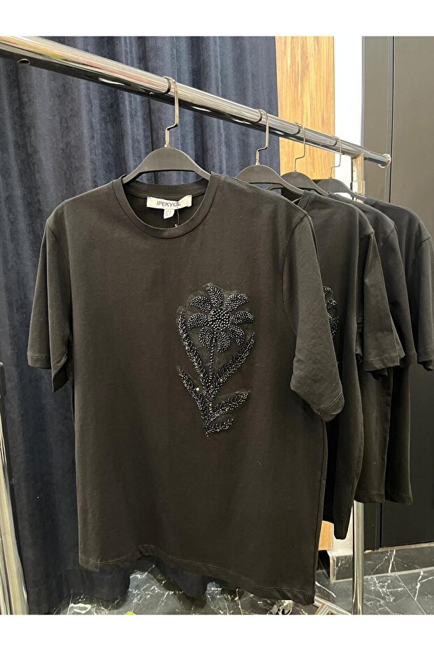boncuk işlemeli tshirt siyah - 1