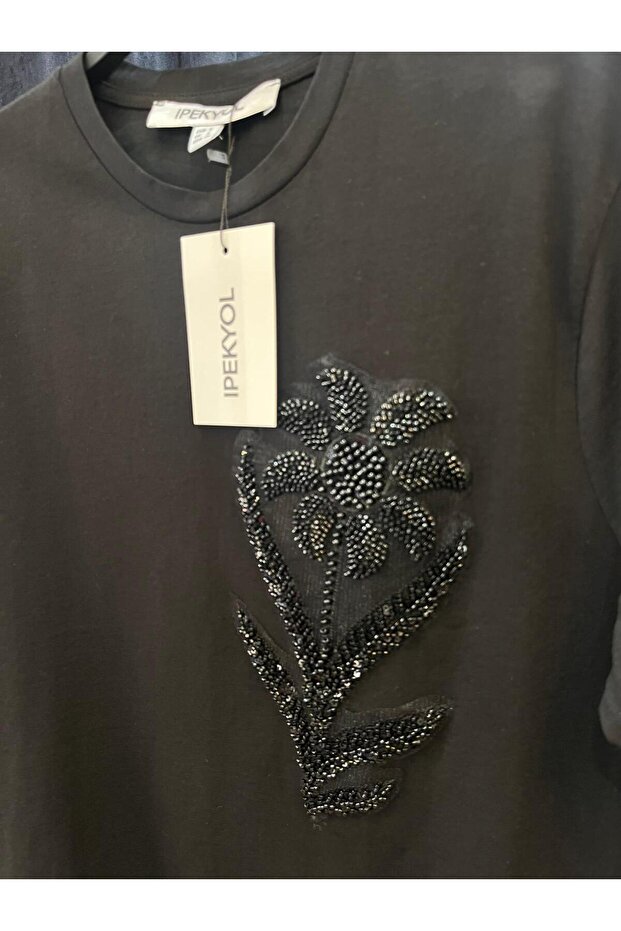 boncuk işlemeli tshirt siyah - 2