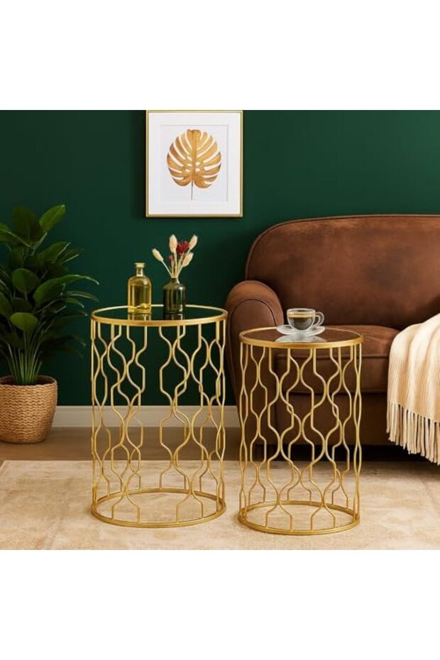 FFD Reflective Nested Side Tables (Set of 2) - Golden Metal Frame Coffee Tables - 4