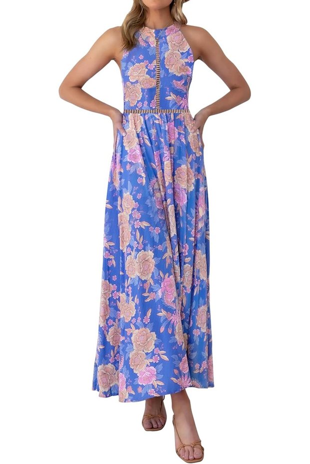 Women's Summer Halter Neck Floral Print Backless Split Beach Party Maxi Dress