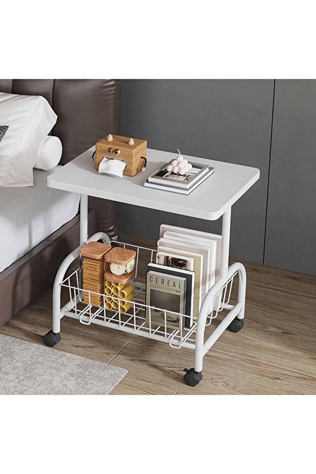2-Tier Side Table with Wheels, End Table with Removable Storage Basket, Modern Bedside Table for Sma - 5