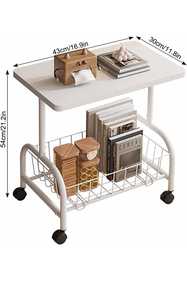 2-Tier Side Table with Wheels, End Table with Removable Storage Basket, Modern Bedside Table for Sma - 7