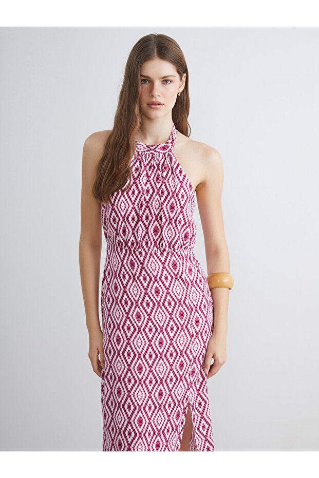 Halter Yaka Desenli Elbise - 2