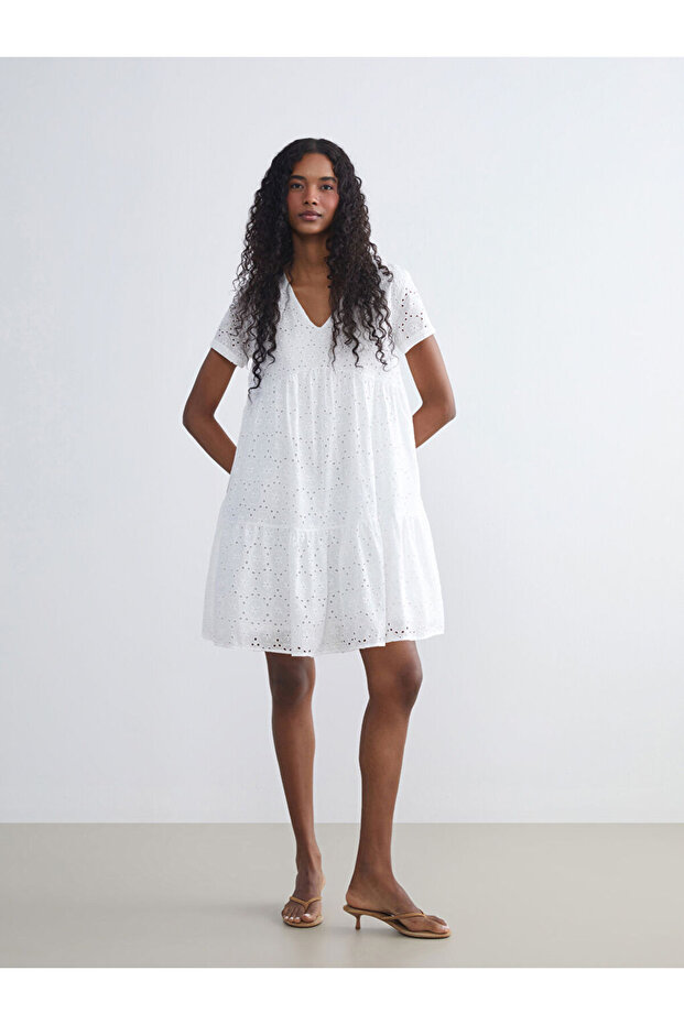 Lcw Vision White V-Neck Openwork Folded Gathered Brode Dress