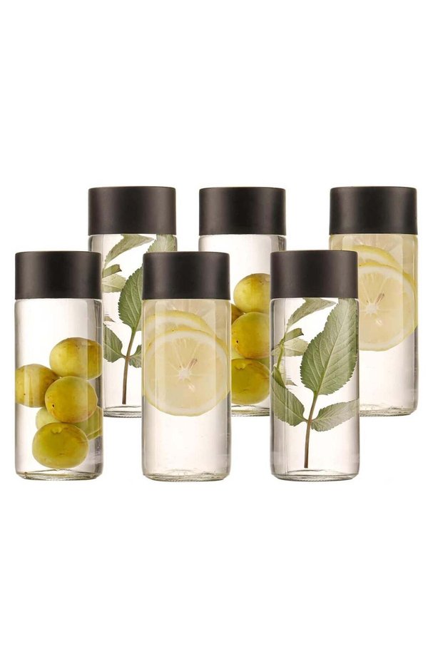 6Pack 8oz glass Juice Bottles Reusable Water Bottles to work great as Sensory Bottles and Smoothie Bottles with Black Lids Great for Sensory Crafts and Calming Bottles
