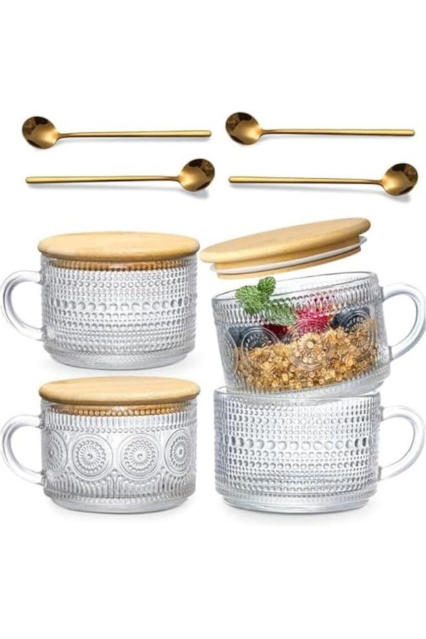 Glass Coffee Mugs, 4Pack Overnight Oats Containers with Bamboo Lids and Spoons - 14oz Clear Embossed Glass Cups, Tea Cups for Cappuccino, Latte, Cereal, Yogurt or Holiday Gifts