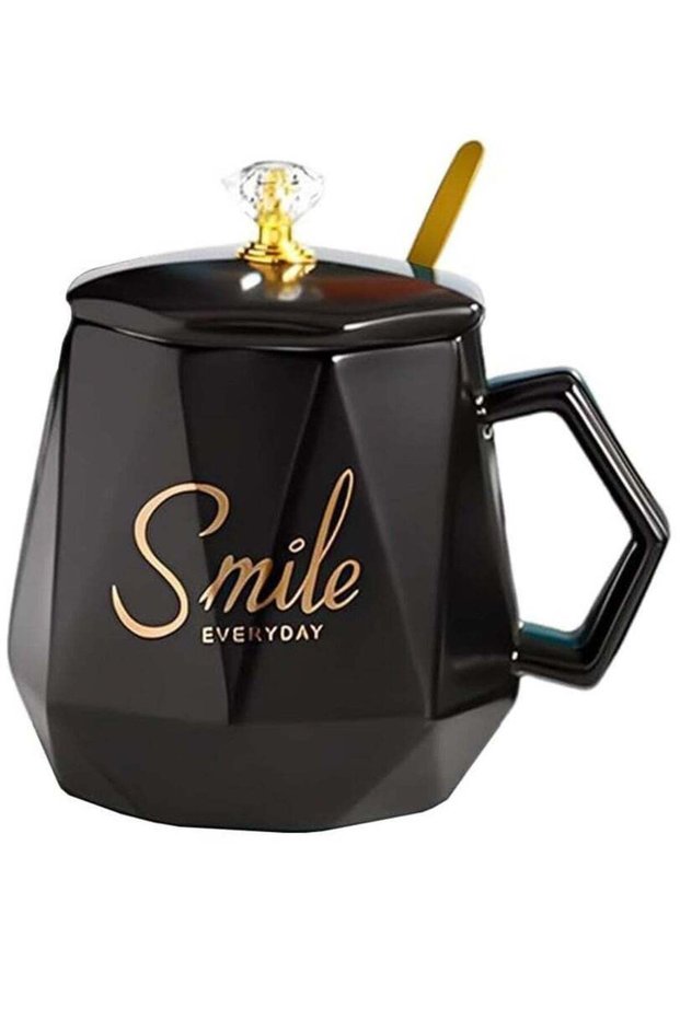 UKR Smile Premium Ceramic Coffee Mug with Spoon & Lid – Stylish Black Cup for Office & Home | Durable Tea & Coffee Mug for Hot Drinks | Elegant Office & Kitchen Mug Set