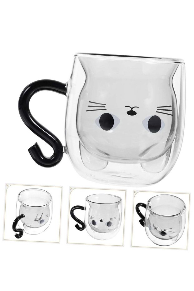 Double-Walled Cute Cat Glass – 290ml Borosilicate Coffee Mug with Handle & Spoon for Latte Macchiato, Cappuccino, Tea, and More