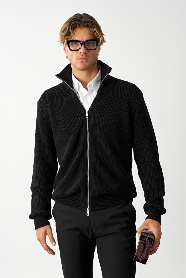 Men's Regular Fit Thessaloniki Knitted Cotton Zippered Black Sweater Cardigan
