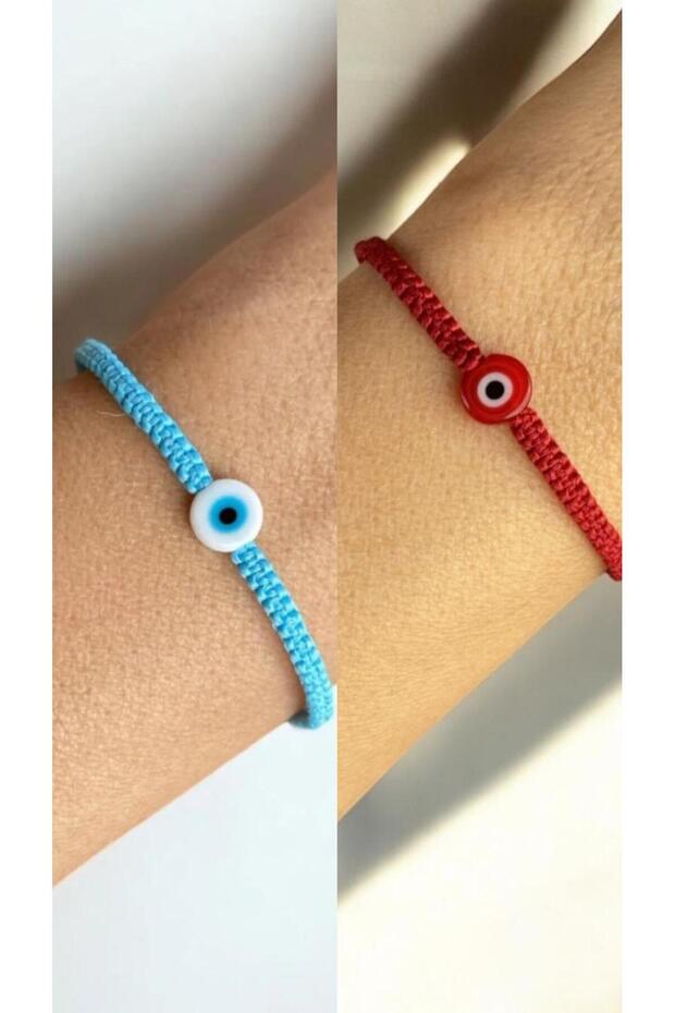 Bensei̇ Red Glass Evil Eye Beaded Red and White Glass Evil Eye Beaded Blue 2Pcs Bracelet