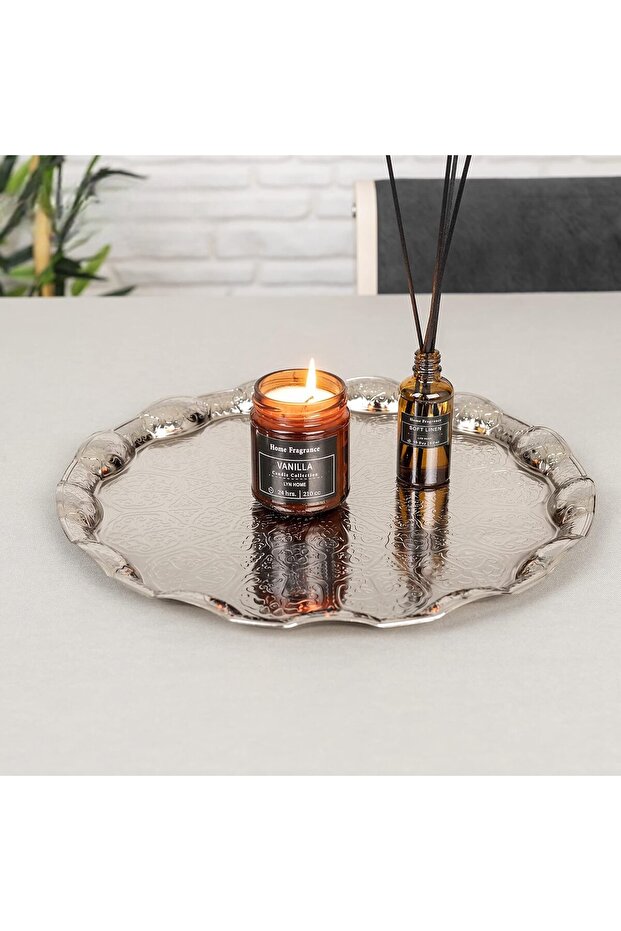 Turkish Ottoman Coffee Tea Serving Tray - 34.5 Cm, Metal with Traditional Motif, (Gray)
