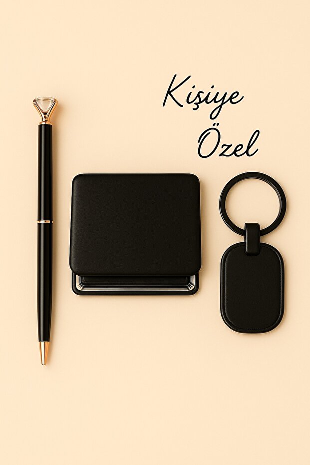 Square Faux Leather Pocket Mirror - Keychain - Stone Pen Set - Black