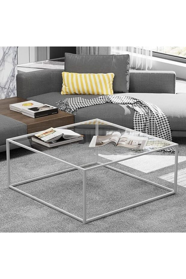 FFD Modern Clear Glass Coffee Table – Square Nesting Table with Sturdy Metal Frame Table