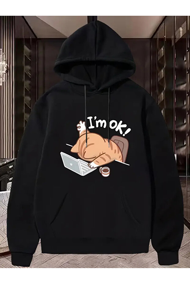 COPY - سويت شيرت بقلنسوة للرجال بتصميم "I'm Fine" على شكل قطة"
