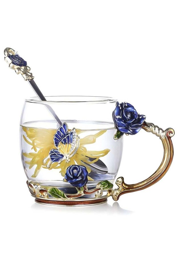 Enamels Butterfly flower Lead-free Glass Coffee Mugs Tea Cup with Steel Spoon, personalised Gifts For Women Wife Mom Friends Birthday Mothers Day Wedding