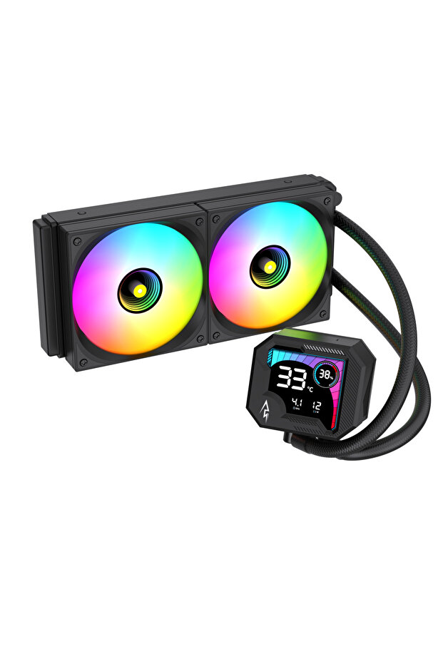 مبرد سائل لوحدة المعالجة المركزية GUARDX240 مع شاشة عرض رقمية LCD لدرجة حرارة وحدة المعالجة المركزية، مشعاع 240 مم ARGB وPWM أسود - 2