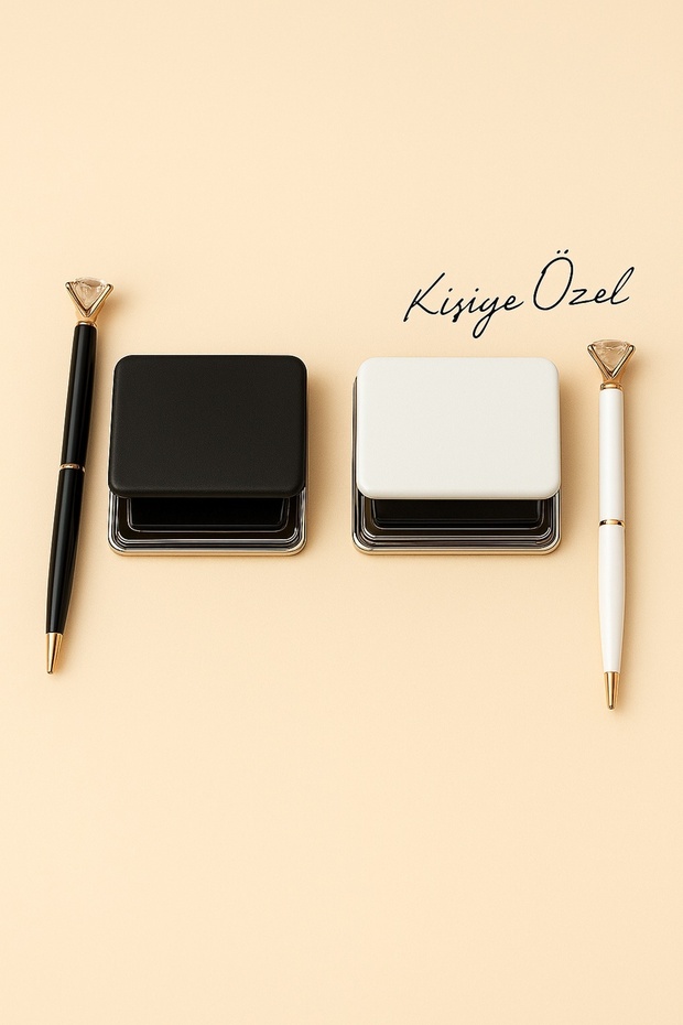Square Faux Leather Pocket Mirror and Stone Pen - Black and White Set of Two
