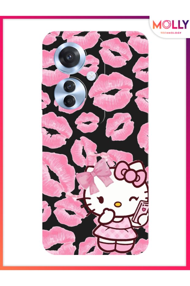 Black Pink Kiss Kitty Pattern Silicone Case for Oppo Reno 11F 5g