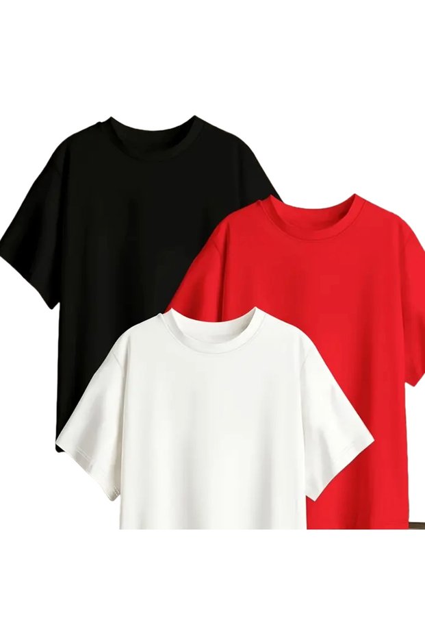 3-Pack Red White Black Oversize Relaxed Fit Cotton Short Sleeve Unisex T-Shirt