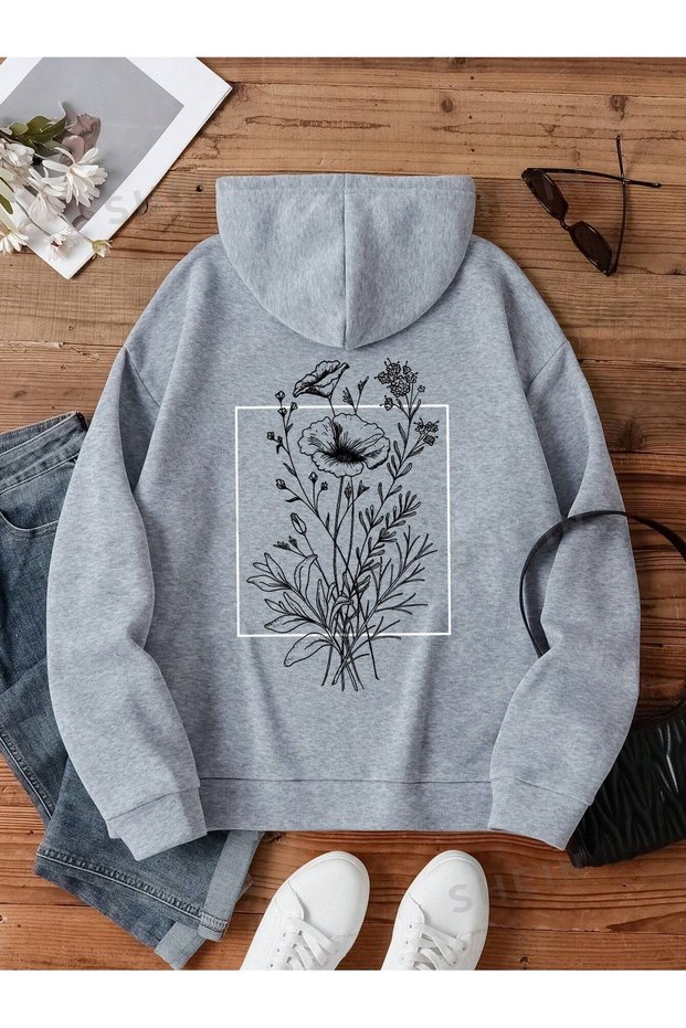 Gray Unisex Gray Square Flower Printed 3 Thread Hooded Hoodie