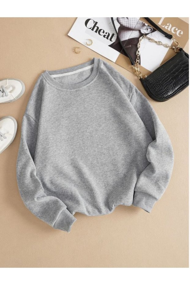 Gray Women's Gray Plain Crew Neck Oversize