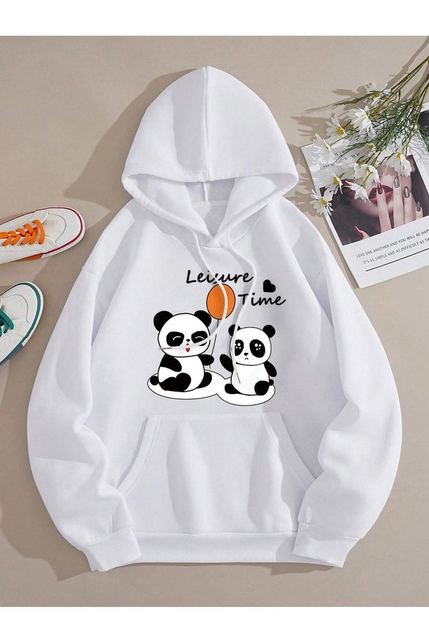White Women's White Leisure Panda Printed Hooded Hoodie