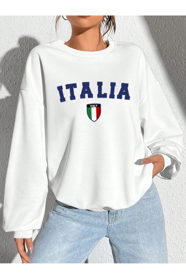 White Women's White Italia Printed Crew Neck Oversize