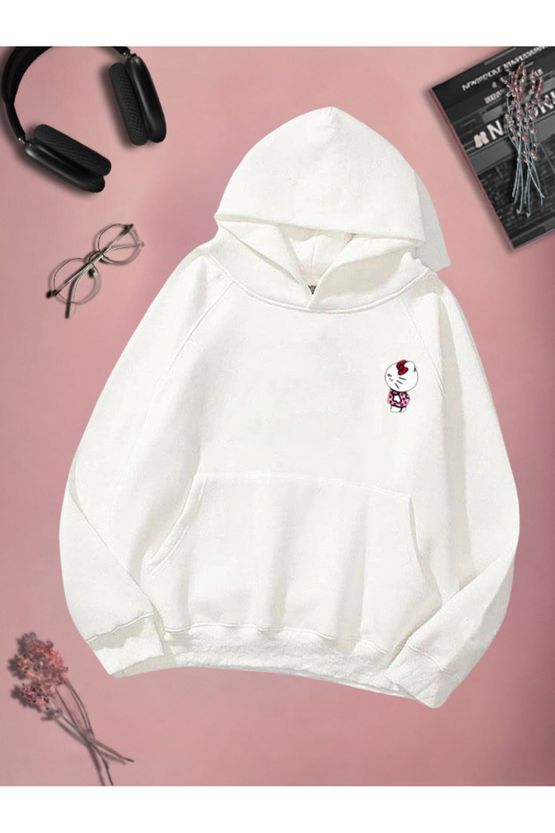 White Women's White Hello Kitty Printed 3 Thread Hooded Hoodie