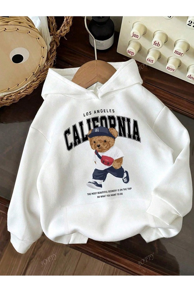 White Women's White California Bear Printed Hooded Hoodie