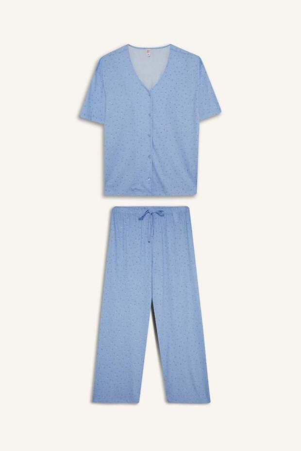 Yeni Sezon Pijama Takımı Regular Fit V Yaka Düğmeli Kısa Kollu Üst Uzun Alt-Fall in - 7