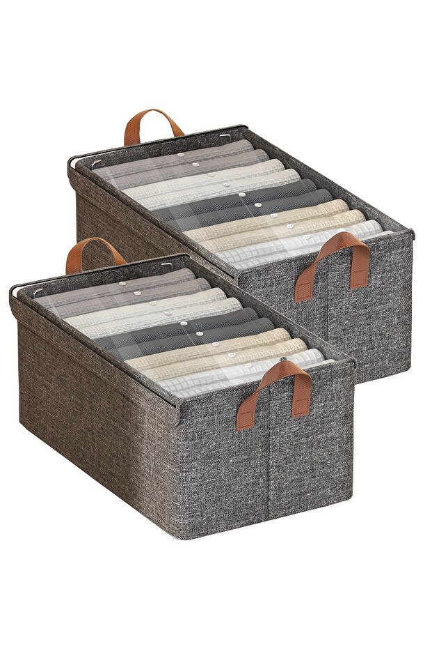 Set of 2 Wardrobe Cloth Organizer with Metal Frame & Lid Storage Basket with Handles Large