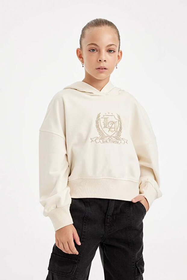 Kız Çocuk Ekru Oversize Geniş Kalıp Kapüşonlu İşlemeli Sweatshirt D2885A824WN - 1