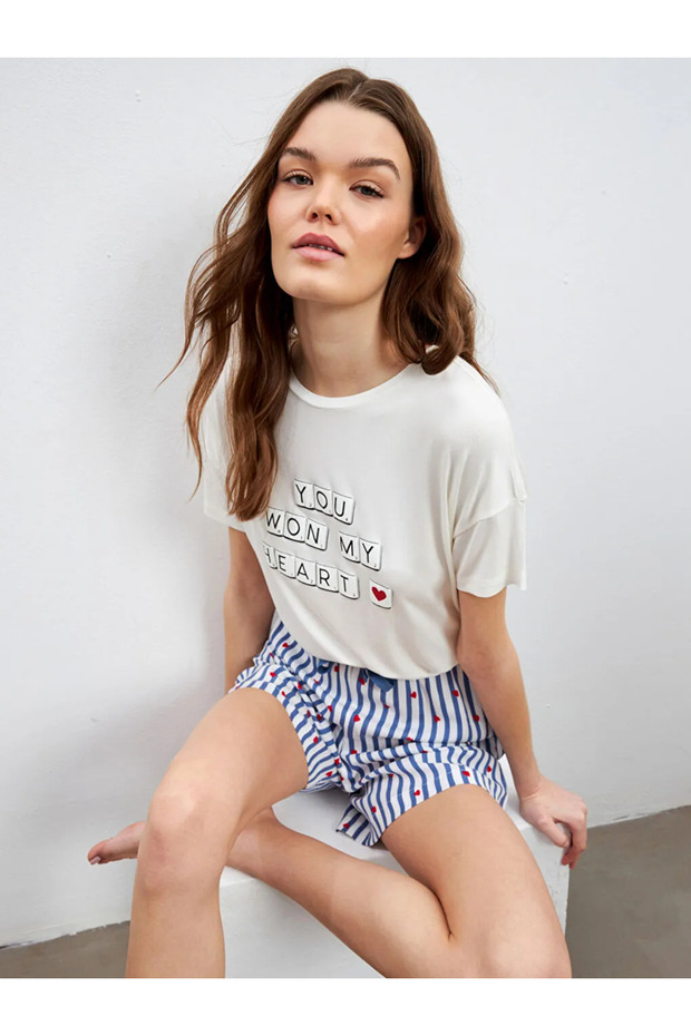 LCW DREAMIndigo Bisiklet Yaka Baskılı Kadın Şortlu Pijama Takımı - 2