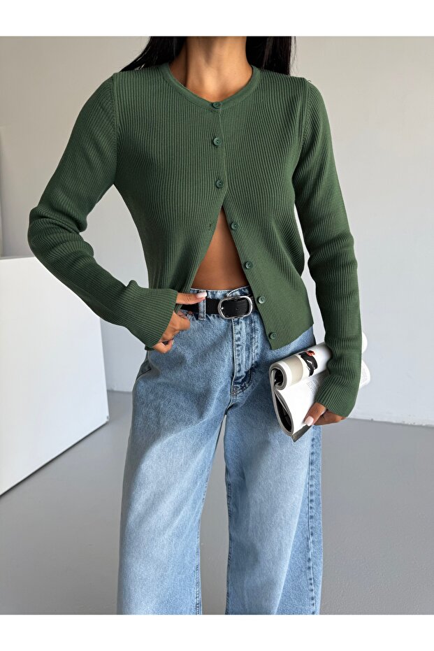 Düğmeli Uzun Kollu Basic Kadın Triko Hırka - 8