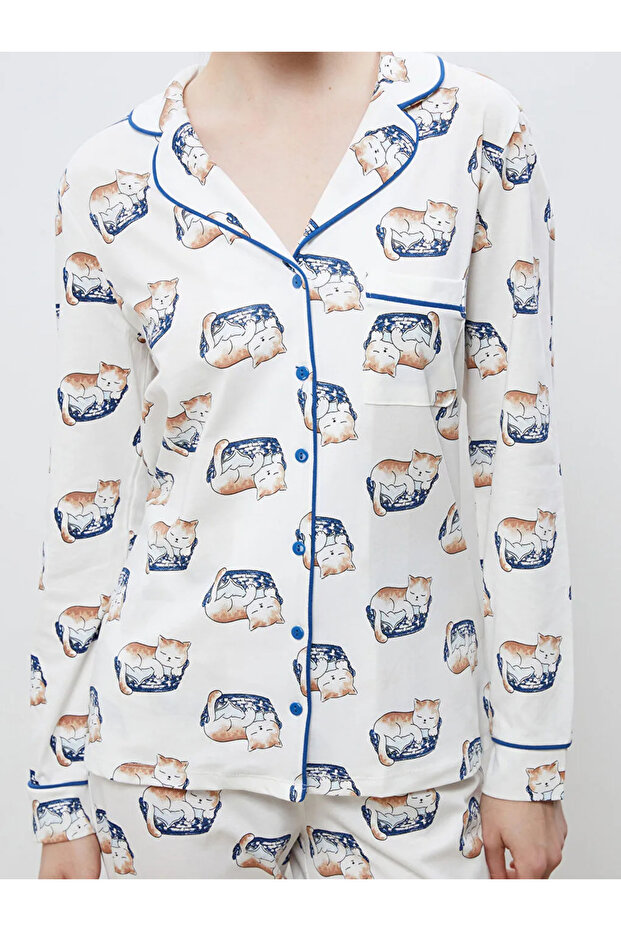 LCW DREAMEkru Gömlek Yaka Baskılı Kadın Pijama Takımı - 4