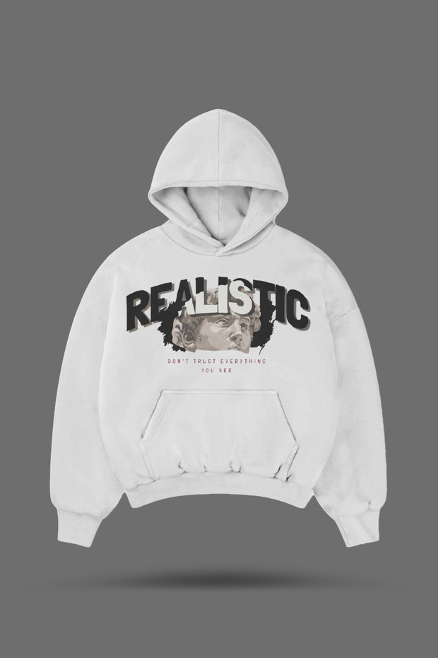 Oversize Realistic Printed Hooded White Sweatshirt