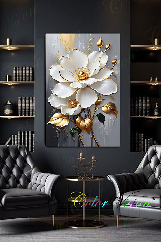Gold Wighte Flowers Kanvas Tablo - 1
