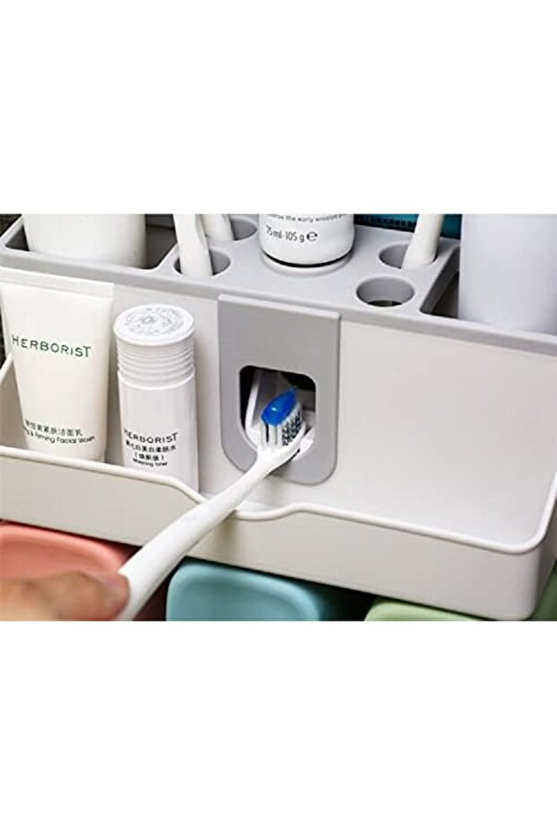 حامل فرشاة أسنان مثبت على الحائط مع موزع معجون أسنان أوتوماتيكي - 7