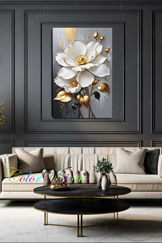 Gold Wighte Flowers Kanvas Tablo - 4