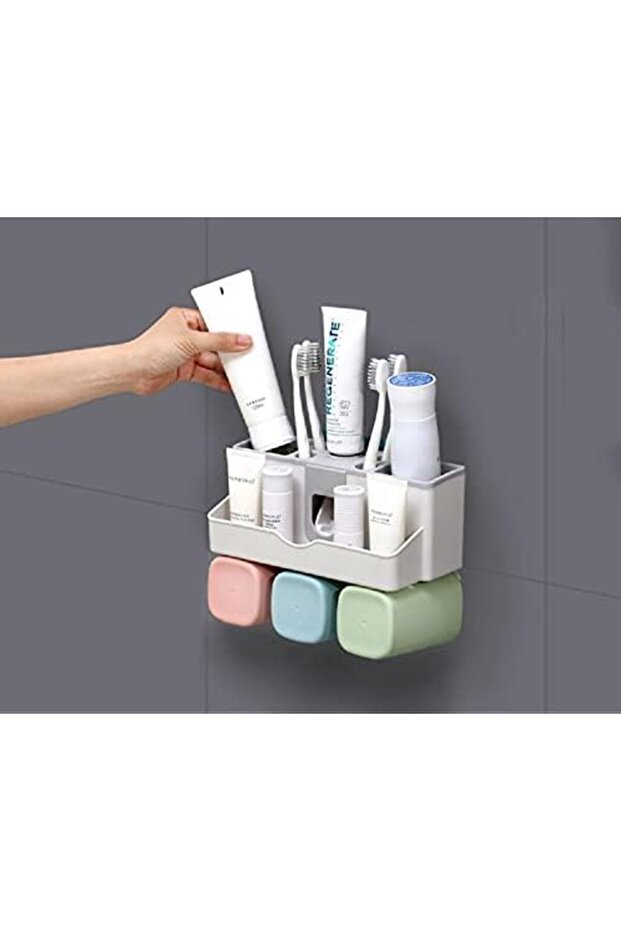 حامل فرشاة أسنان مثبت على الحائط مع موزع معجون أسنان أوتوماتيكي - 4