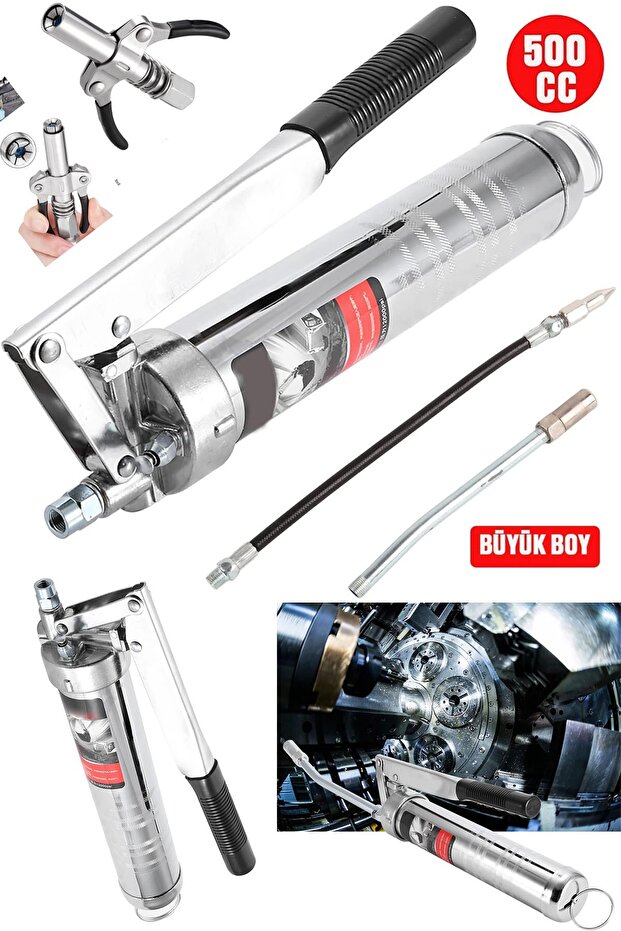 Yüksek Basınçlı Gres Yağ Pompası Endüstriyel Boy 500cc Gres Tabancası + Çift Mandallı Gres Pompa Ucu - 2