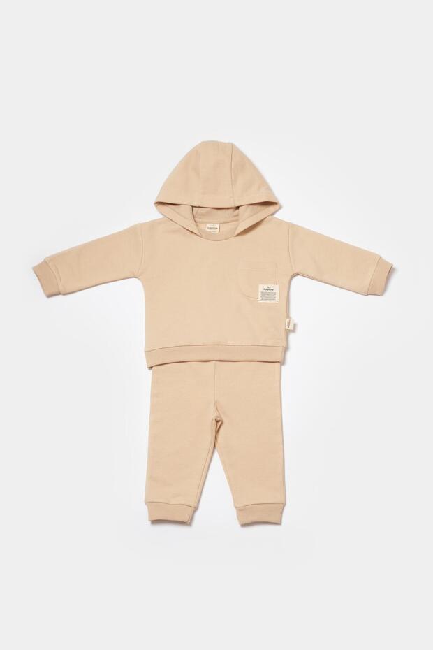 Unisex Baby Cotton Beige Hooded Tracksuit Set - Sweatshirt and Bottom with Pocket Detail