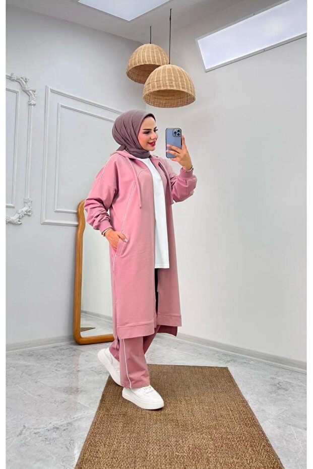 Two-piece long pajamas with zipper
