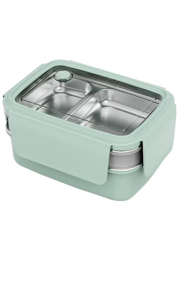 Lunch Box Rectangle Double Layer with Fork – Mint Green - 1