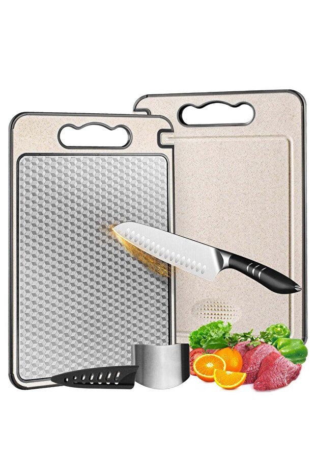 Stainless Steel Cutting Board Pro | 100% Stainless Steel + Wheat Straw With Knife Sharpener + Guards, Finger Guard & Juice Groove | Scratch-Free Non-Slip Chopping Boards For Any Kitchen