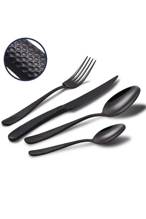 Hammered Silverware Set, 4 Piece Modern Black 18 Or 10 Stainless Steel Flatware Set With Forks Spoons And Knives, Unique Metal Cutlery Sets For Home Restaurant, Mirror Polished And Dishwasher Safe