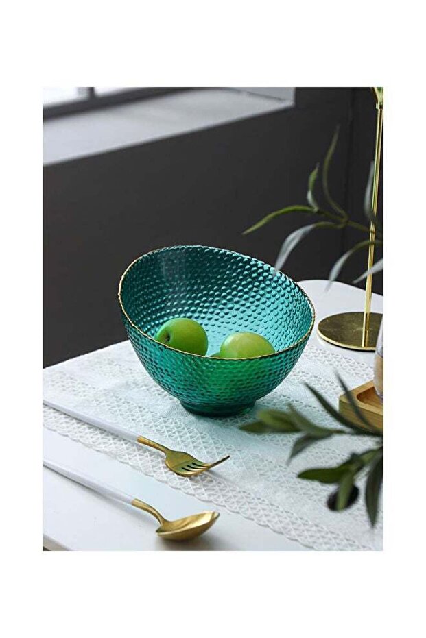 Golden Edge Slant Mouth Round Creative Hammer Glass Bowl Green 18x18x12.3cm