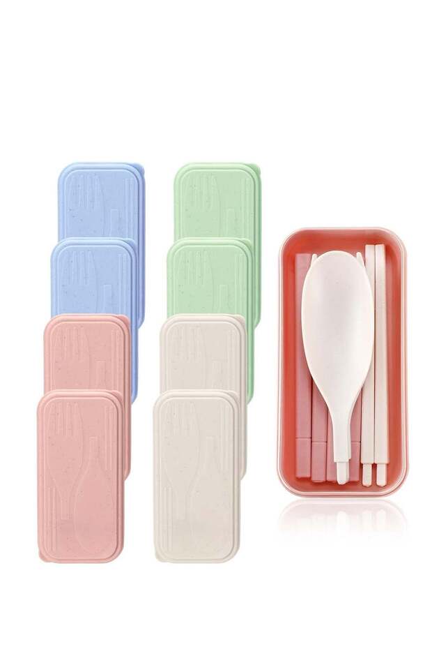 Travel Utensil Set with Case, Wheat Straw Portable Plastic Collapsible Spoon Chopsticks Forks, Camping Cutlery Lunch Utensils Cutlery Bulk for Kids Adults, 8 Sets, Pink, Green, Blue, Beige