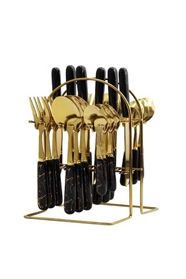 24 Piece Stainless Steel Hanging Cutlery Set with Stand for 6 People Mirror Finish Flatware for Home and Kitchen Use